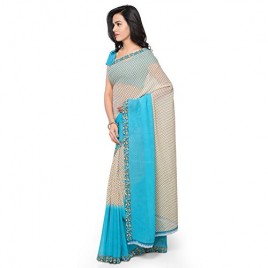 Georges Sky Blue Printed Faux Georgette Saree With Blouse Piece 