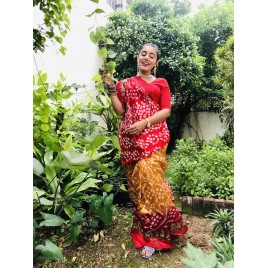 Printed, Ombre, Animal Print Bandhani Silk Blend Saree  (Red, Yellow)