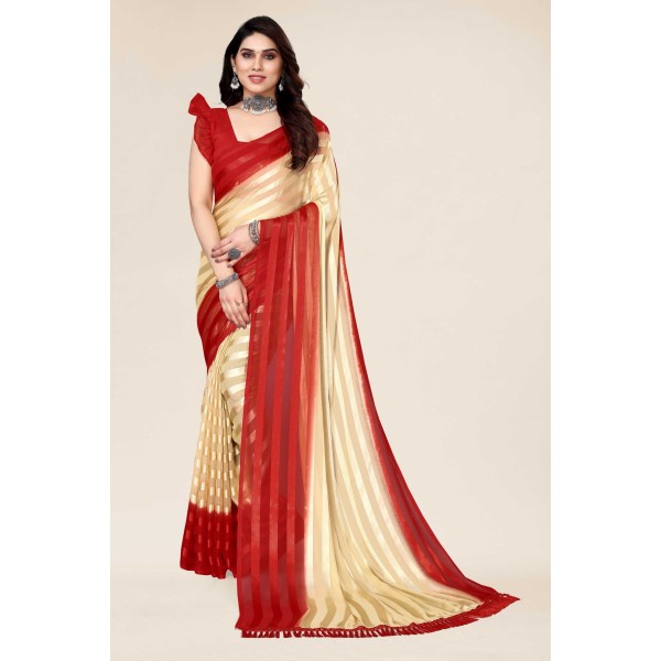Kashvi Sarees Embellished, Ombre, Striped Bollywood Satin Saree  (Red, Chiku)