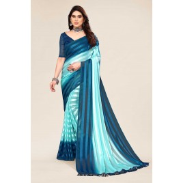 Striped Bollywood Satin Saree  (Blue, Light Blue)