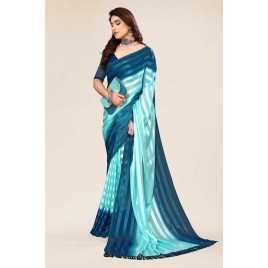 Striped Bollywood Satin Saree  (Blue, Light Blue)