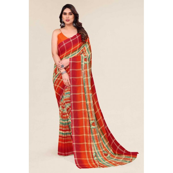 Kashvi Sarees Striped, Floral Print Daily Wear Georgette Saree (Red, Orange)