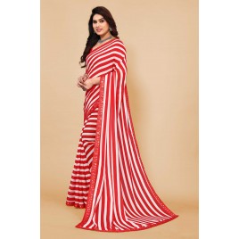 Embellished, Striped, Printed Bollywood Georgette Saree  (Red, White)