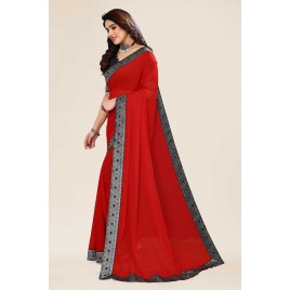 Embellished, Solid/Plain Bollywood Chiffon Saree  (Red)