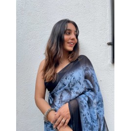 Printed, Ombre, Floral Print Daily Wear Georgette Saree  (Light Blue, Black)