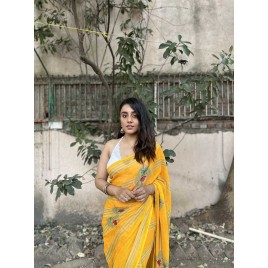 Striped, Floral Print Daily Wear Georgette Saree  (Yellow, Beige)
