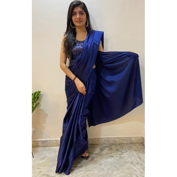Solid Fashion Satin Blend Saree  (Blue)