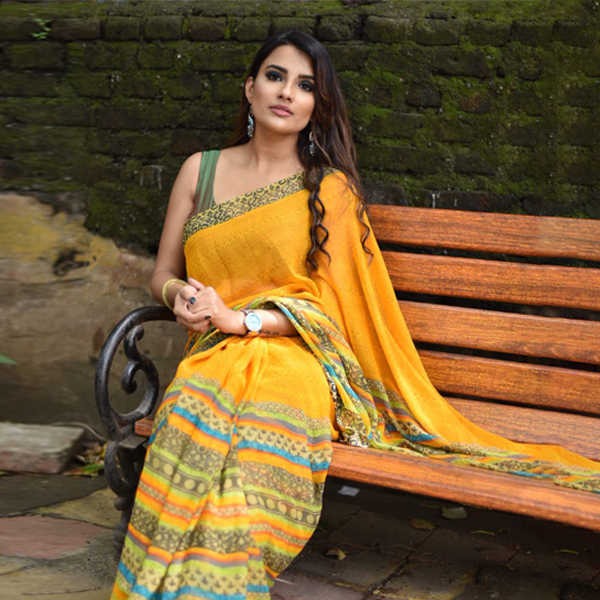 Bold Yellow & Multi Printed  Faux Georgette Saree With Blouse Piece 