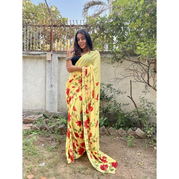 Geometric Print Daily Wear Georgette Saree  (Red, Yellow)