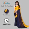Kashvi sarees Ready to Wear Embellished, Striped, Self Design Bollywood Satin Saree  (Yellow, Dark Blue)