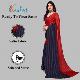 Kashvi sarees Ready to Wear Embellished, Striped, Self Design Bollywood Satin Saree  (Red, Dark Blue)