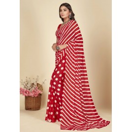 Striped, Polka Print Daily Wear Georgette Saree  (Red, White)