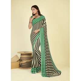 Striped, Printed Daily Wear Georgette Saree  (Green, Blue)