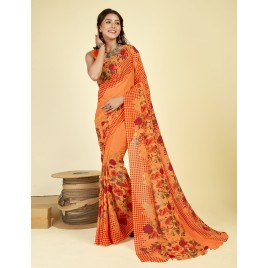 Striped, Floral Print, Checkered Daily Wear Georgette Saree  (Yellow)