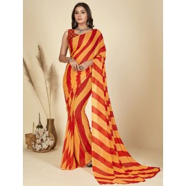 Striped, Printed Bollywood Georgette Saree  (Red, Yellow)