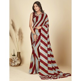 Striped, Printed Bollywood Georgette Saree  (Brown, Grey)