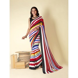 Striped, Printed Daily Wear Georgette Saree  (White, Red, Black)