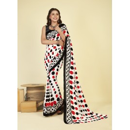 Printed Daily Wear Georgette Saree  (White, Red, Black)