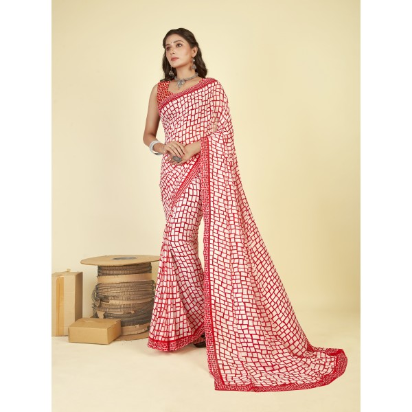 Checkered Bollywood Georgette Saree  (Red, White)