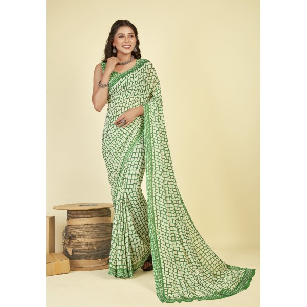 Checkered Bollywood Georgette Saree  (Green, White)