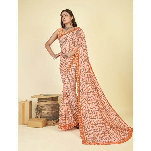 Checkered Bollywood Georgette Saree  (Orange, White)