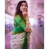 Animal Print, Checkered Bhagalpuri Silk Blend Saree  (Green, White)