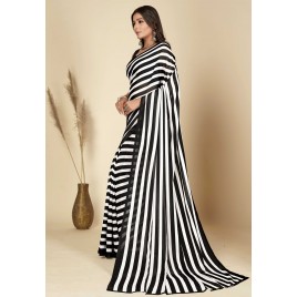 Striped Daily Wear Georgette Saree  (Black, White)