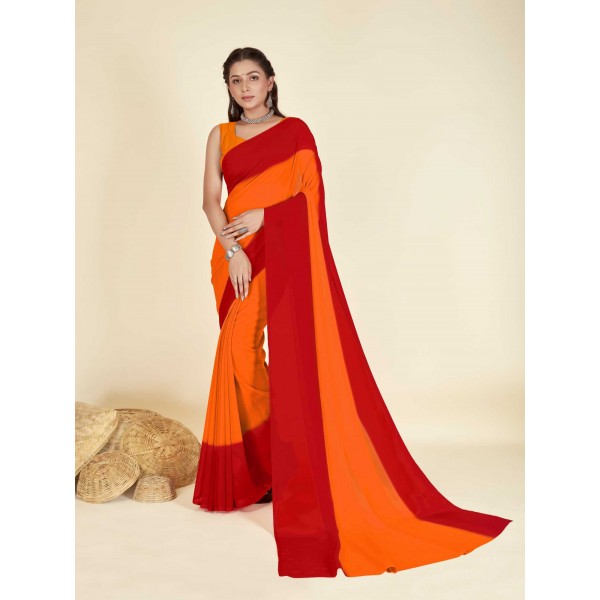 Dyed, Striped Fashion Georgette Saree  (Red, Mustard)